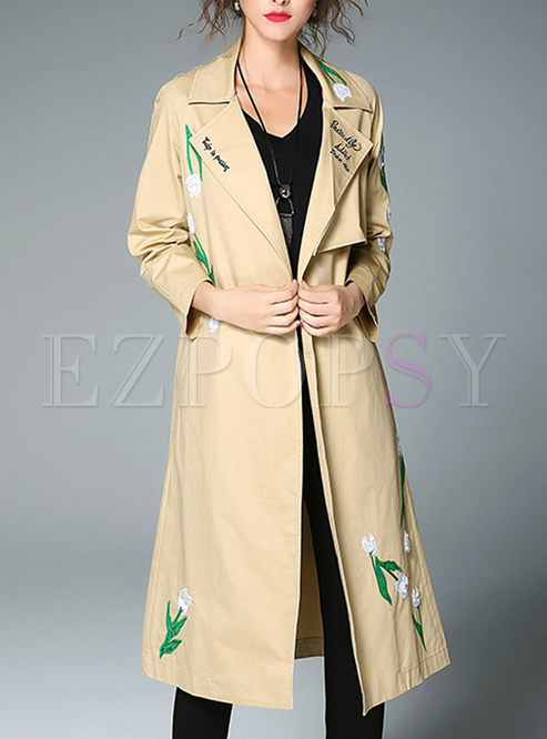 Brief Embroidered Long Sleeve Trench Coat