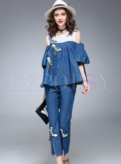 Blue Off Shoulder Batwing Sleeve Embroidered Two-piece Outfits