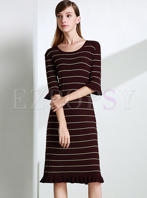 Brief Striped Color-blocked Falbala Knitted Dress
