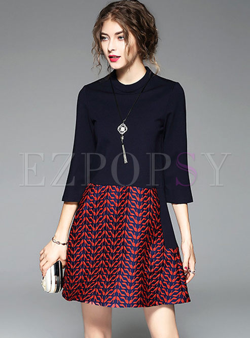 Brief Plaid Stitching Loose Shift Dress With Necklace