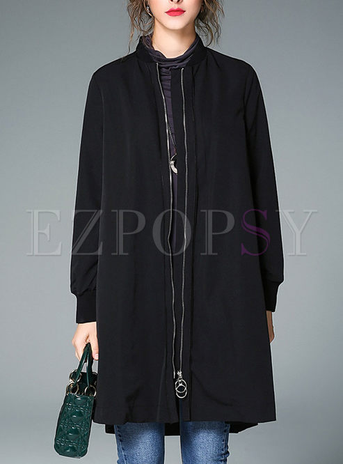 Brief Embroidered Loose Stand Collar Trench Coat
