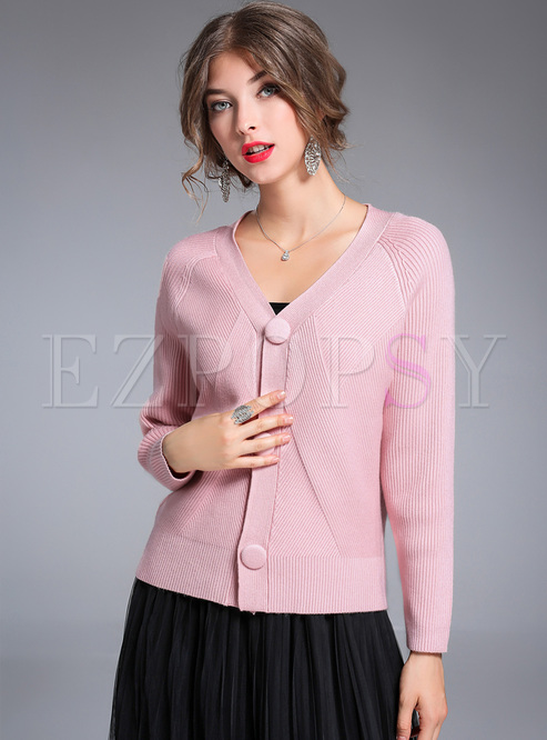 Pink Elegant V-neck Single-breasted Knitted Coat