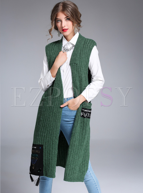 Brief Green Patched Knitted Vest