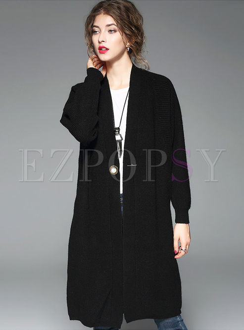 Black Causal Loose Long Sleeve Knitted Sweater