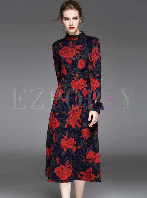 Elegant Flower Print High Waist A-line Dress