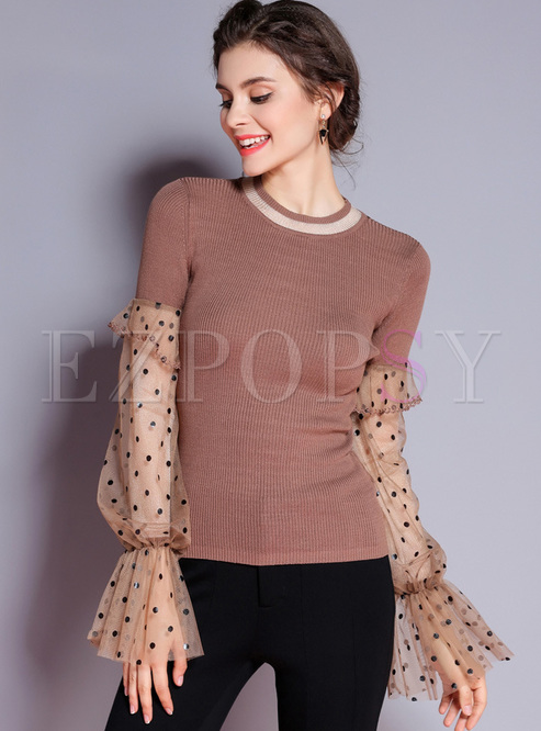 Elegant Dot Print Mesh Sleeve Sweater