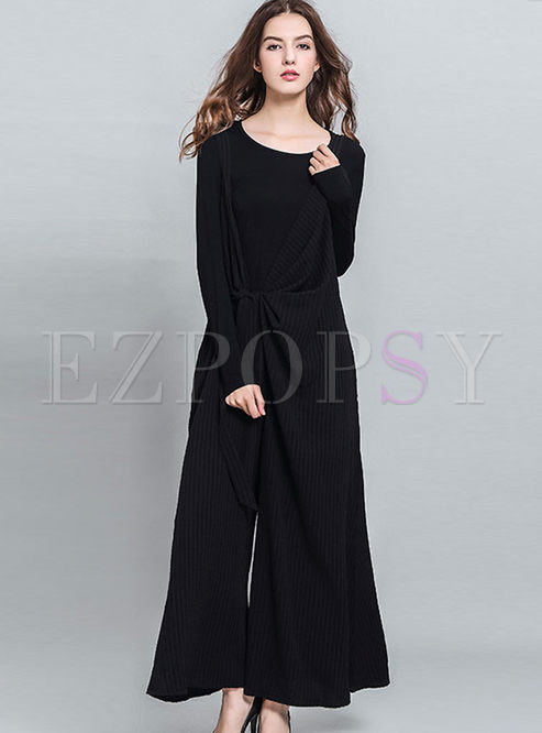 Striped Loose Lacing Long Sleeve Jumpsuits