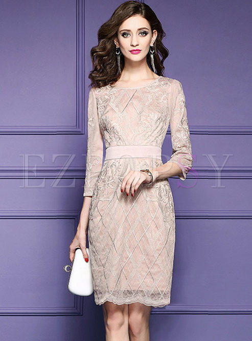Mesh Embroidered Three Quarters Sleeve Bodycon Dress