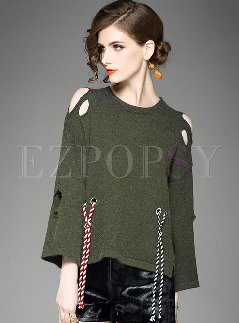 Street Hole Lacing Off Shoulder Knitted Sweater