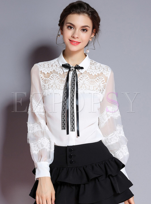 White Stand Collar Flare Sleeve Blouse