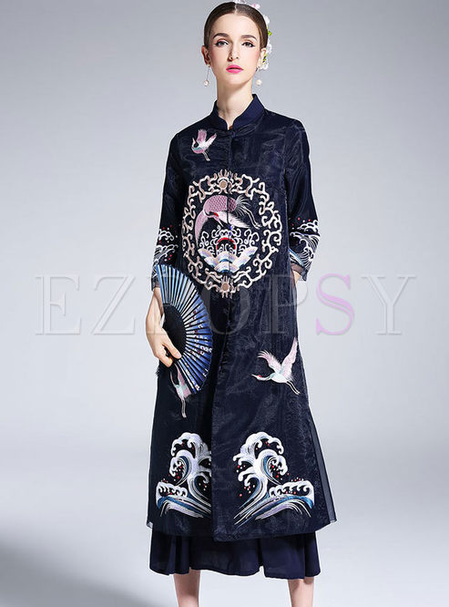 Vintage Silk Embroidered Stand Collar Shift Dress