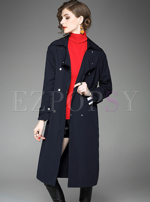 Blue Notched Neck Belted Trench Coat