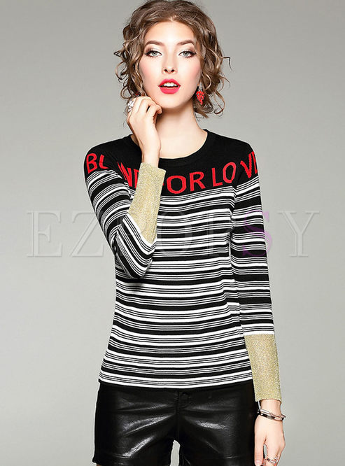Letter Pattern Striped Long Sleeve Knitted Sweater