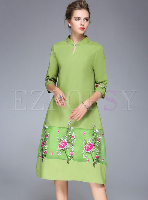 Ethnic Improved Cheongsam Embroidered Splicing Shift Dress