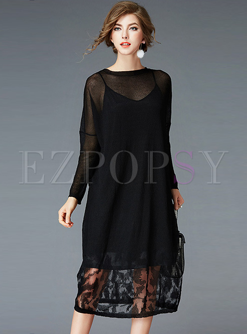Brief Black Perspective Knitted Dress With Underskirt