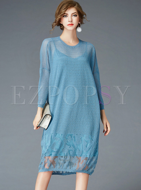 Blue Perspective Knitted Dress With Underskirt