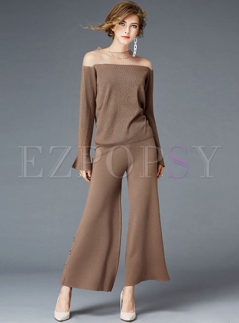 Brown Mesh Patched Brown Two-piece Outfits