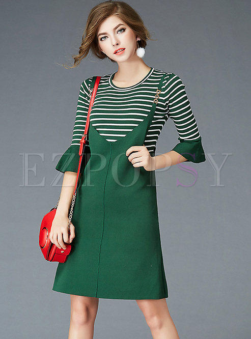 Street Flare Sleeve Striped Top & Green Mermaid Overall