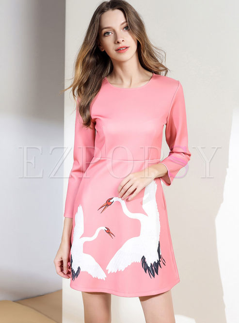 Pink Cranes Design Long Sleeve Skater Dress