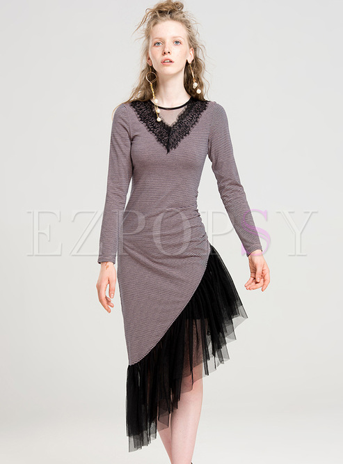 Street V-neck Mesh Asymmetric Hem Bodycon Dress