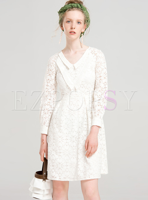 White V-neck Lace Waist A-line Dress