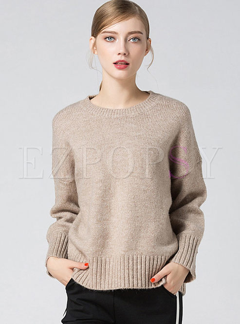 Pure Color Slit Long Sleeve Knitted Sweater