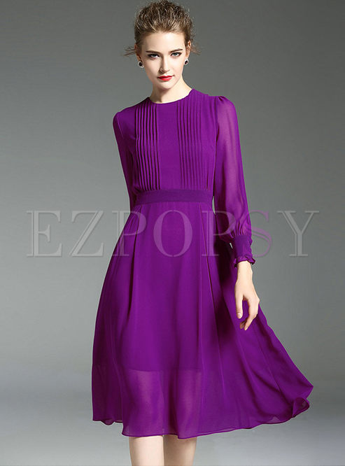 Dresses | Skater Dresses | Purple Chiffon Gathered Waist Long Sleeve ...