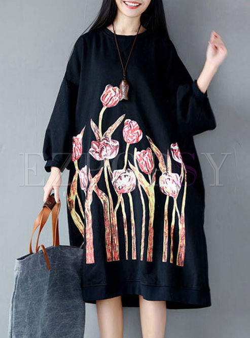 Chic Floral Print Batwing Sleeve T-shirt Dress