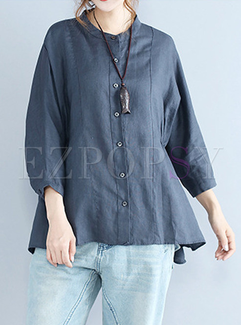 Blue Stand Collar Single-breasted Blouse