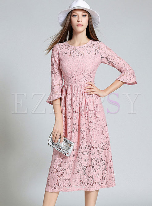 Sweet Lace Hollow Out Flare Sleeve Skater Dress