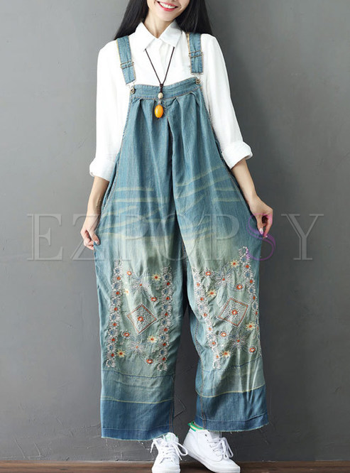 Cute Loose Wash Embroidery Overalls