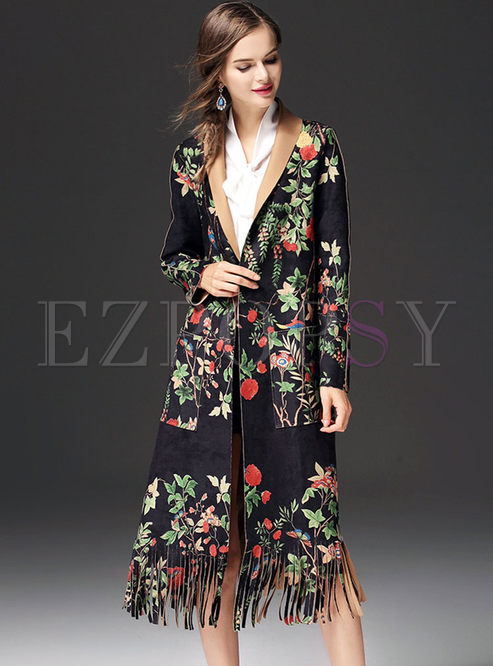 Suede Floral Print Tassel Trench Coat