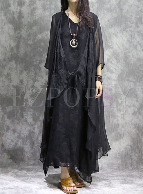 Loose Asymmetry Embroidered Long Sleeve Coat