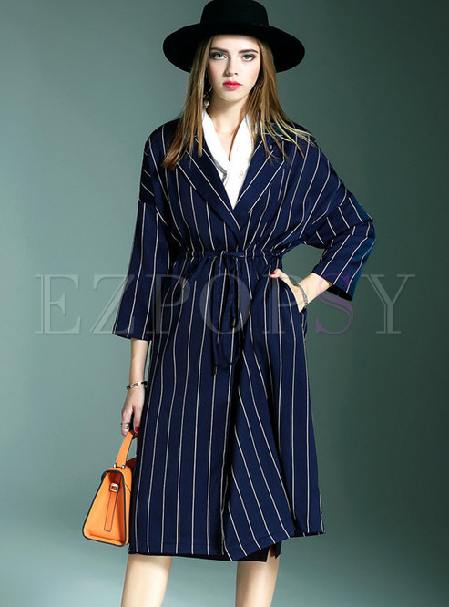 Work Vertical Striped Turn Down Collar Trench Coat