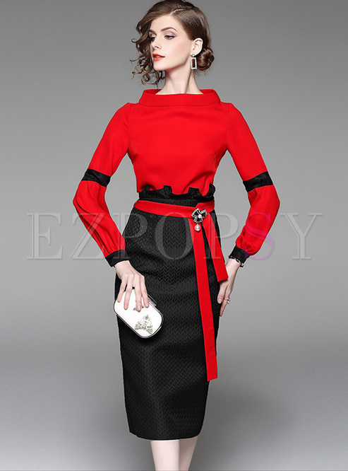 Red Pullover Top & Black Skinny Skirt