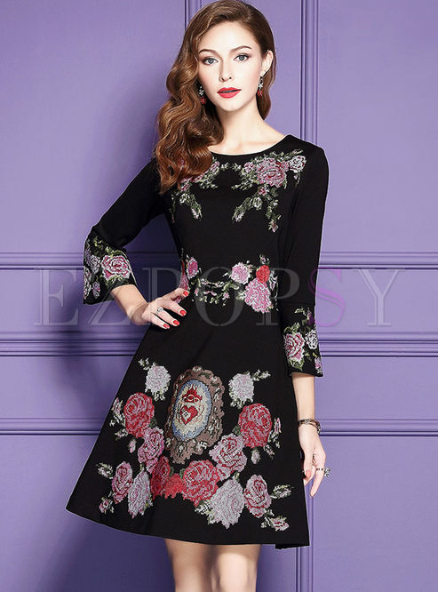 Chic Flare Sleeve Embroidered Skater Dress