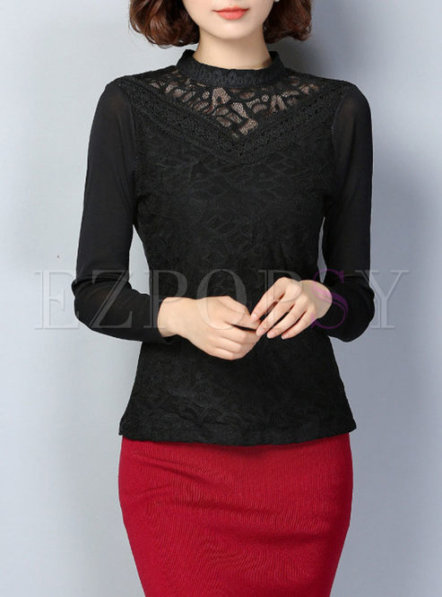 Lace Splicing Stand Collar Long Sleeve T-shirt