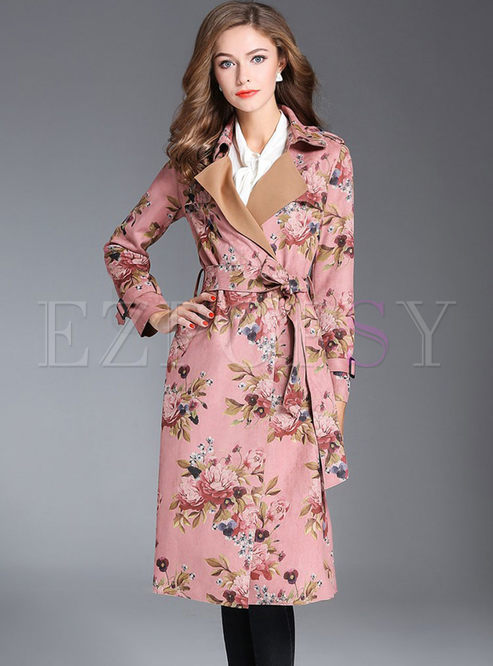 Pink Floral Print Gathered Waist Trench Coat