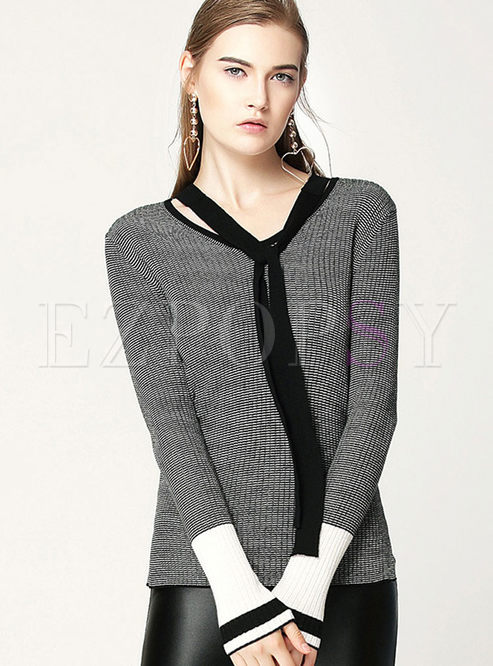 Brief V-neck Long Sleeve Knitted Sweater