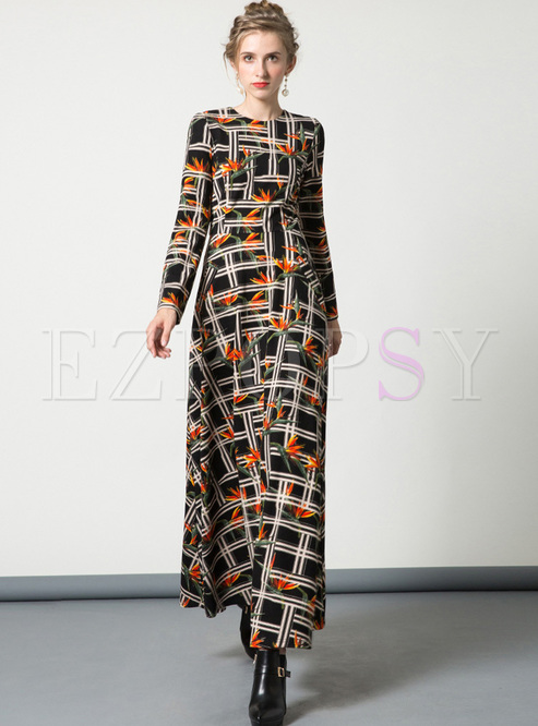 Street Striped Print Waist Maxi Dress