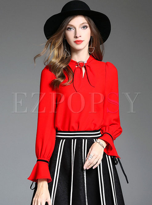 Red Sweet Bowknot Flare Sleeve Blouse