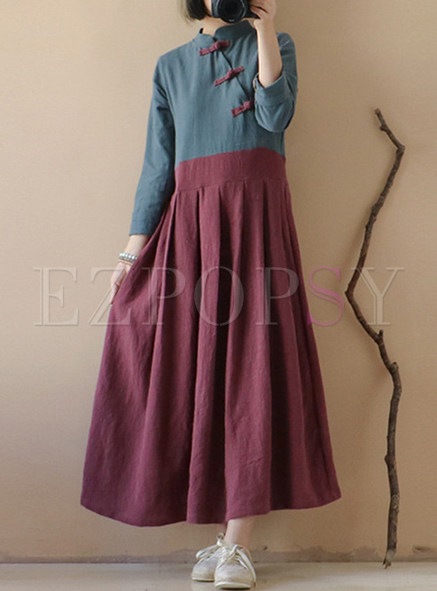 Vintage Color-blocked Stand Collar Maxi Dress