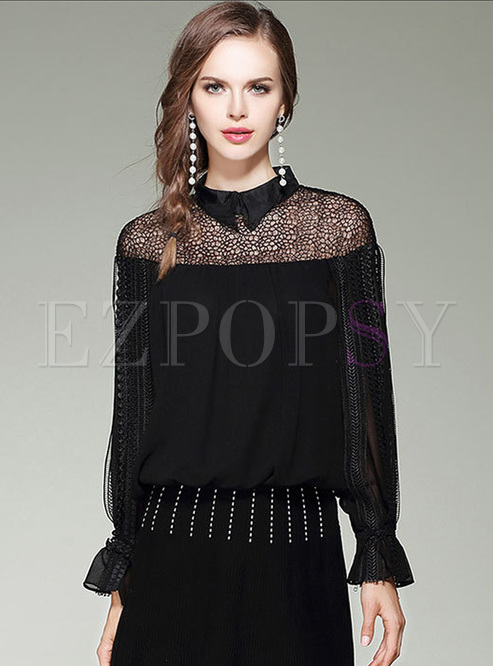 Black Lapel Flare Sleeve Perspective Pullover Blouse