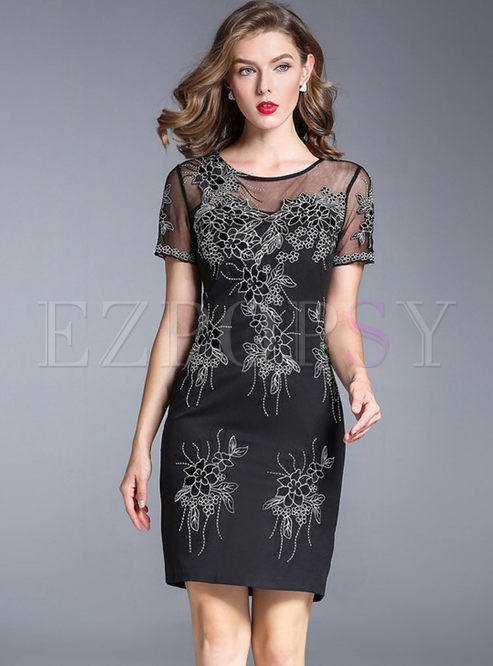 Black See Through Embroidered Short Sleeve Bodycon Dress