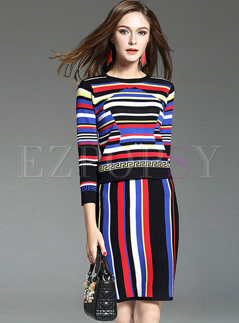 Causal Colorful Striped Long Sleeve Knitted Two-piece Outfits