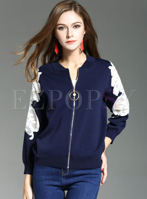Embroidered Stand Collar Zipper Knitted Coat
