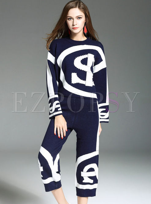Causal Nail Bead Striped Long Sleeve Two-piece Outfits