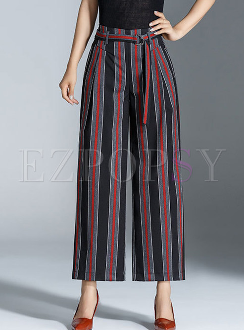 Stylish Vertical Striped Belted Wide Leg Pants