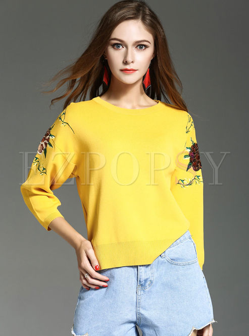 Sequins Embroidered Slit Long Sleeve Knitted Sweater