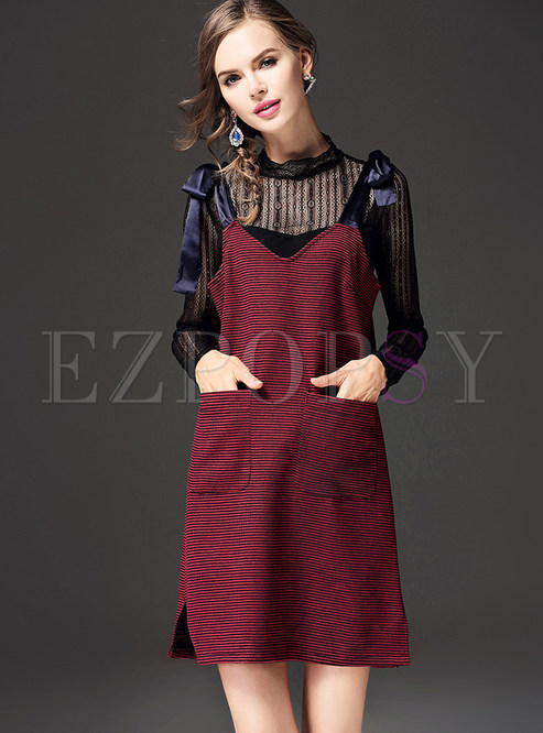 Sexy Through-out Lace Black T-shirt & Bowknot Design Suspenders Skater Dress